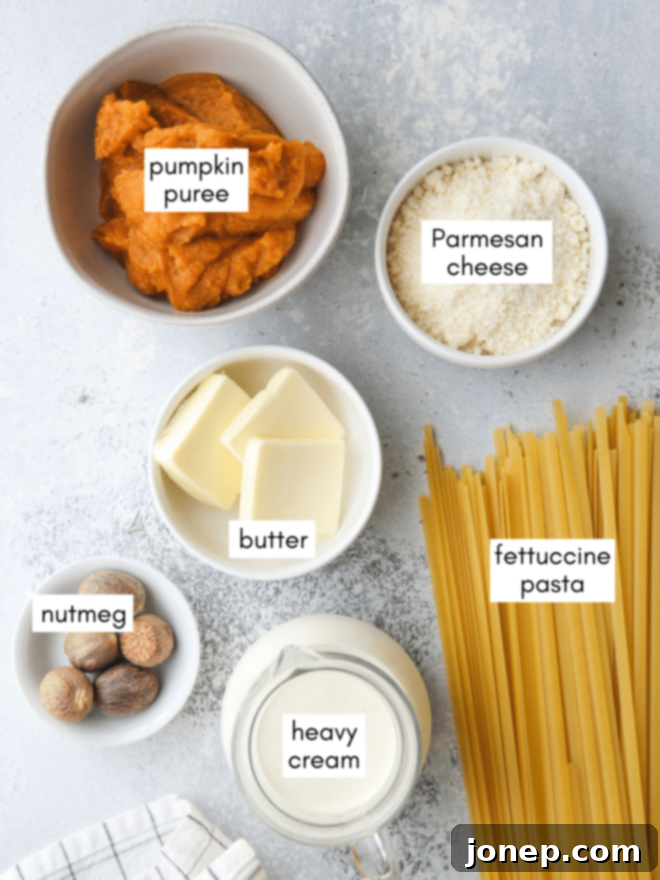 pumpkin alfredo ingredients measured out with labels