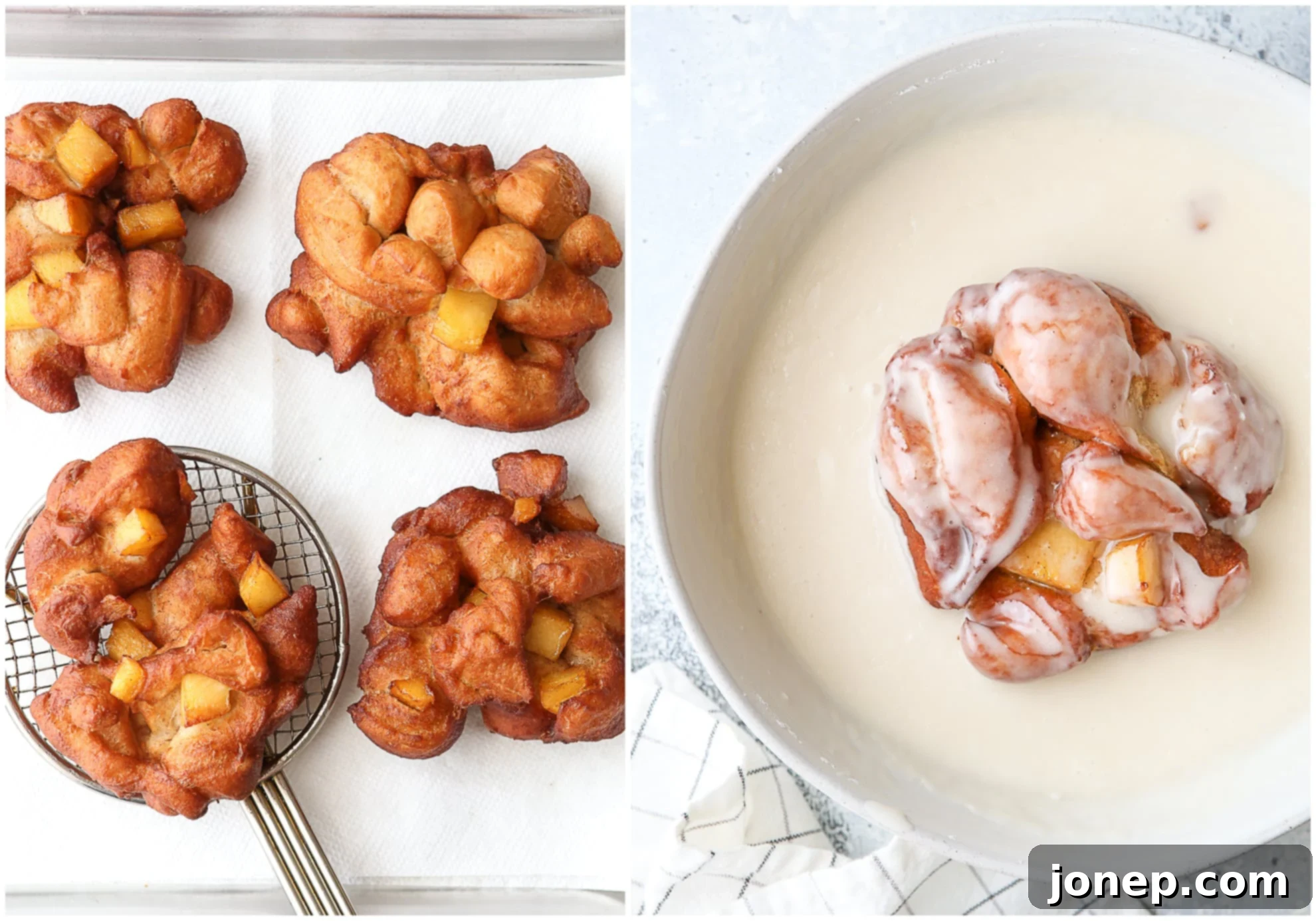 Fried apple fritters being dipped in a bowl of sweet maple glaze, ensuring full coverage