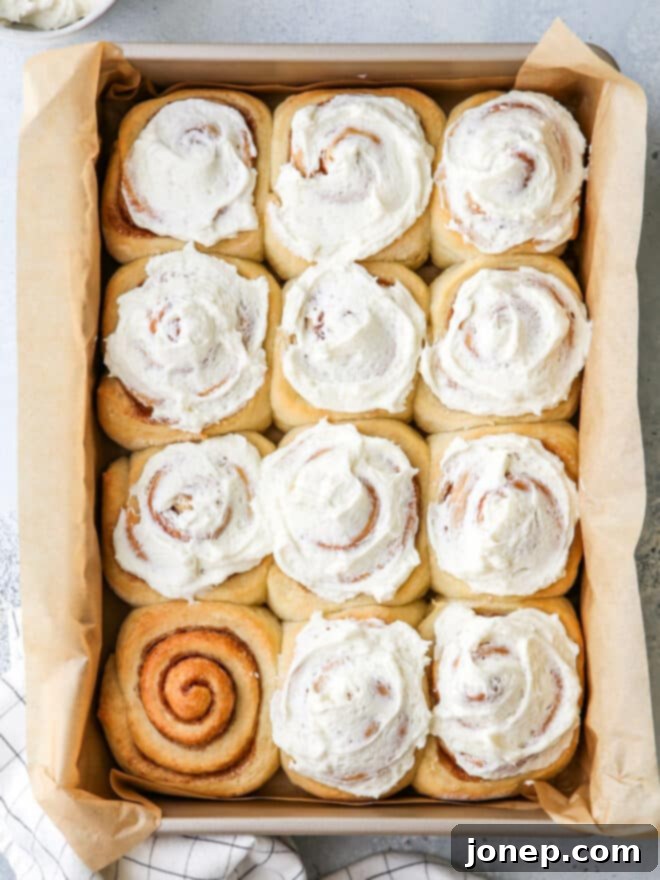 frosted no-knead cinnamon rolls in a pan