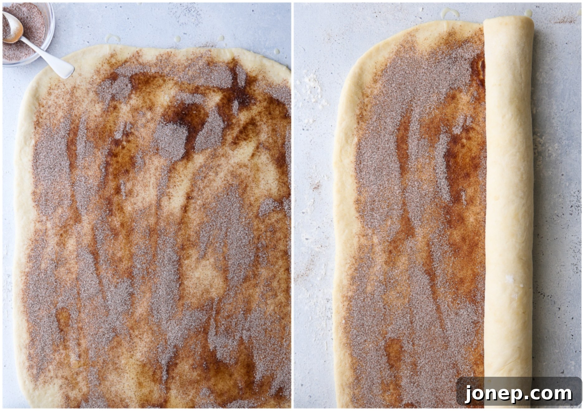 Adding cinnamon butter filling and rolling up the dough