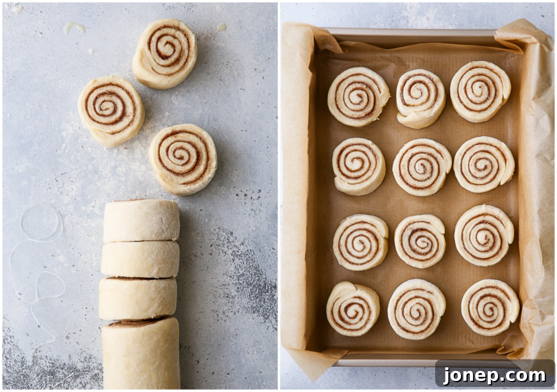 slicing cinnamon rolls and placing them in a pan