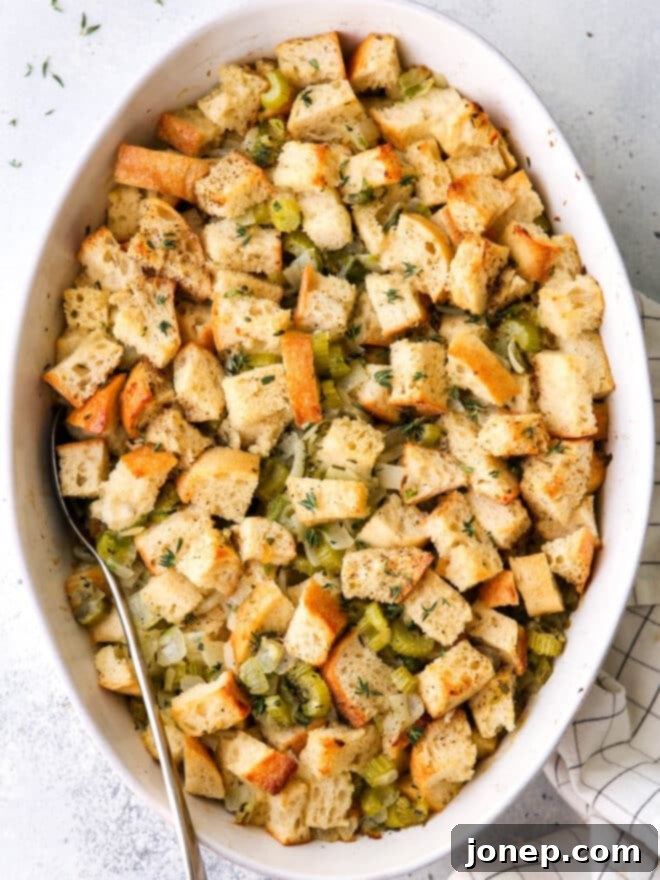 Flavorful Herb Stuffing 2 A golden-brown classic stuffing, ready to be served
