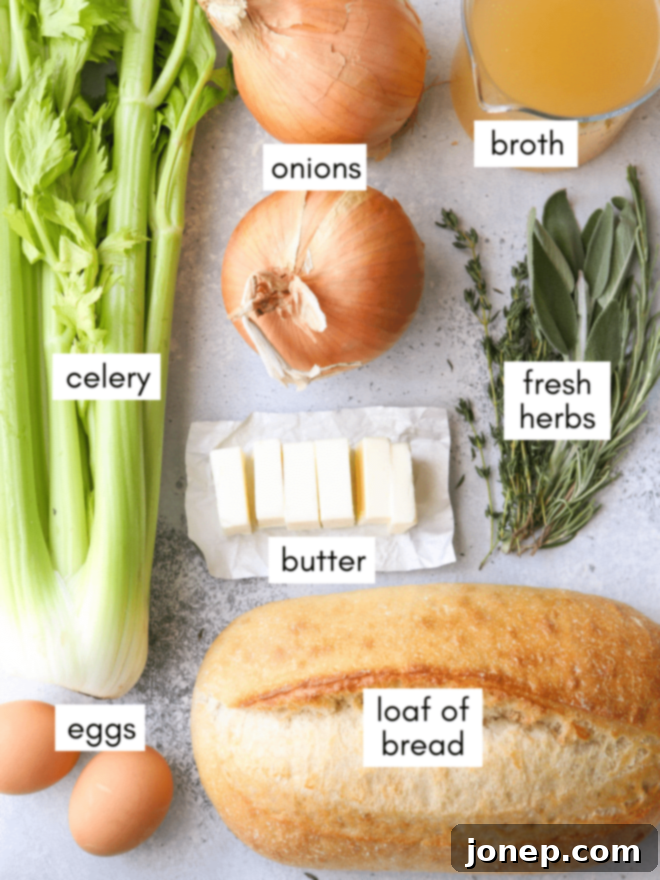 Flavorful Herb Stuffing 4 Ingredients laid out for classic stuffing: bread, butter, vegetables, herbs, broth, eggs