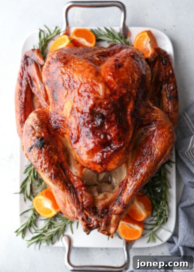 The Perfect Golden Roasted Turkey 2 A perfectly golden-brown dry-brined roasted turkey with incredibly crispy skin, garnished for a holiday feast.