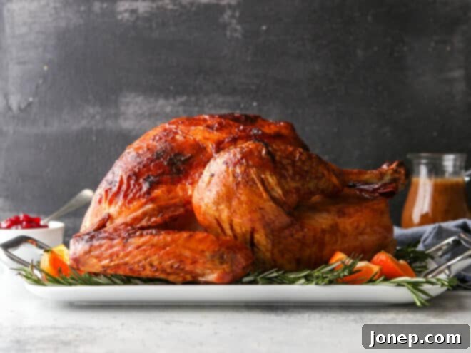 The Perfect Golden Roasted Turkey 8 A beautifully roasted dry-brined turkey resting on a platter, ready for carving and serving.