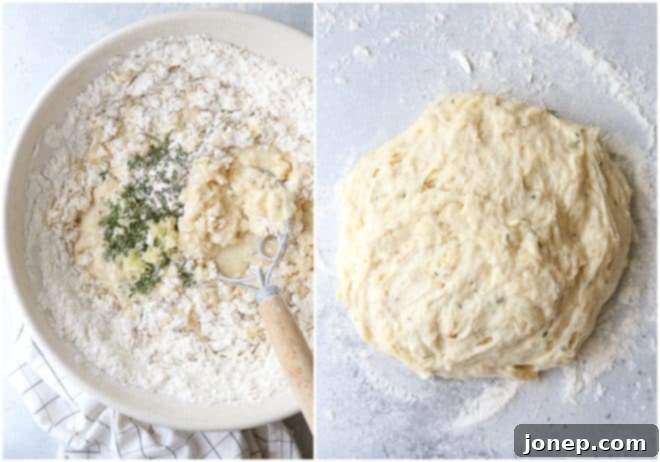 The process of mixing the wet shaggy dough for no-knead garlic and herb crescent rolls in a large bowl
