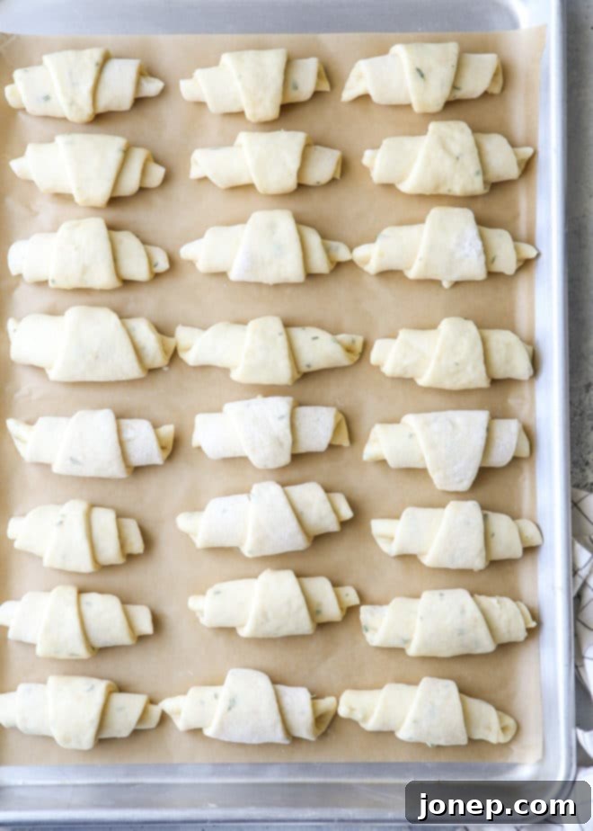 Garlic and herb crescent rolls arranged in a baking pan, ready to be baked to golden perfection
