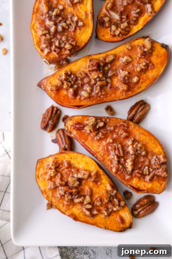 These roasted sweet potatoes with maple pecan sauce are the ultimate sweet and savory side dish!