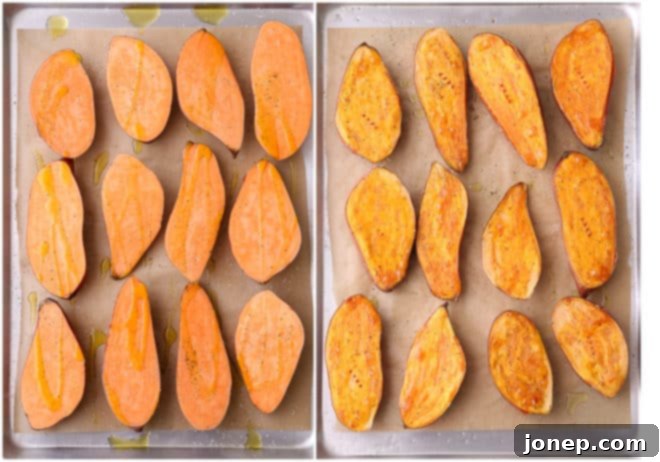Roasted sweet potatoes, before and after adding sauce