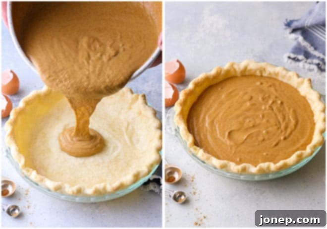 Pouring the pumpkin pie filling into a partially baked pie crust.