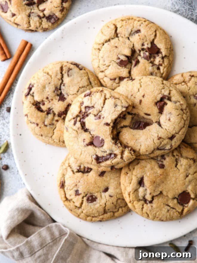 Stack of finished chai spice chocolate chip cookies
