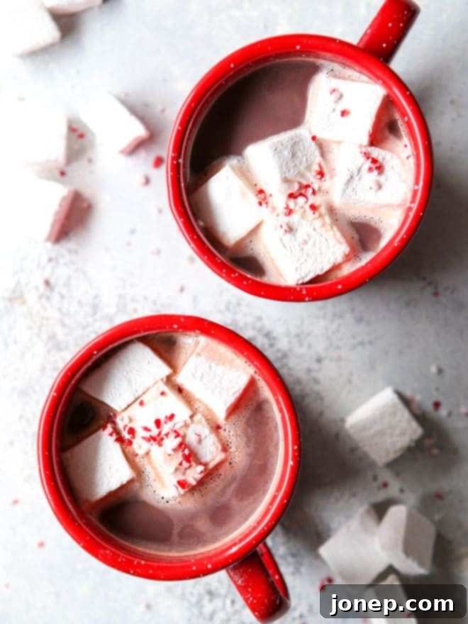 Homemade hot cocoa topped with homemade marshmallows and crushed candy canes
