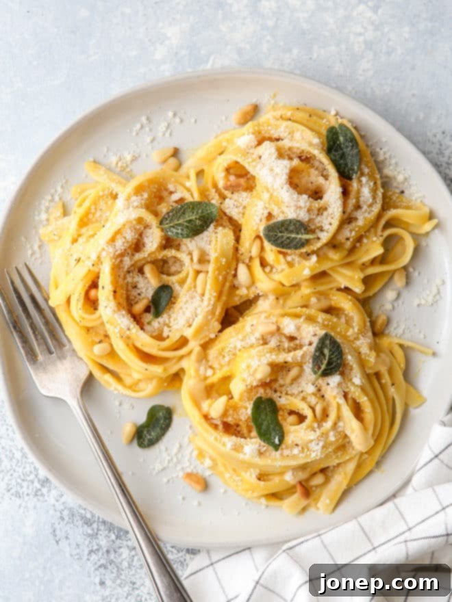 This rich and creamy pumpkin alfredo pasta is made with canned pumpkin puree and a dash of nutmeg.