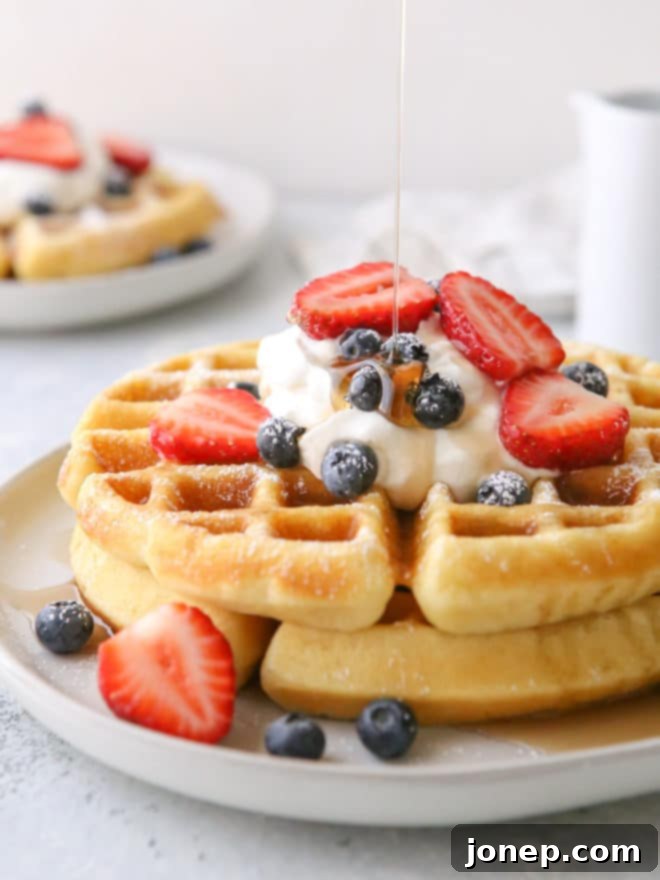 Trial and error has finally lead me here, to the best buttermilk waffle recipe— golden brown and crispy on the outside, but soft and cakey on the inside, all thanks to a secret ingredient you already have in your pantry.