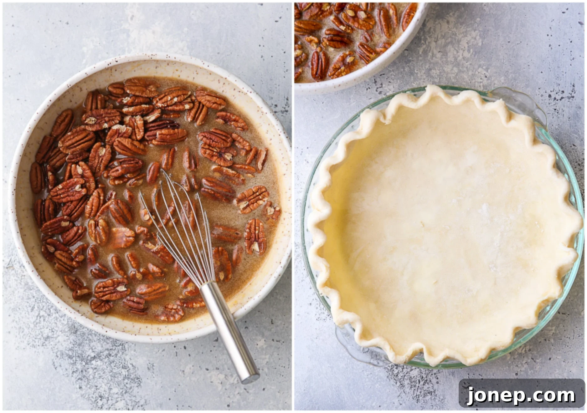 pie crust shell and pecan pie mixture in bowl
