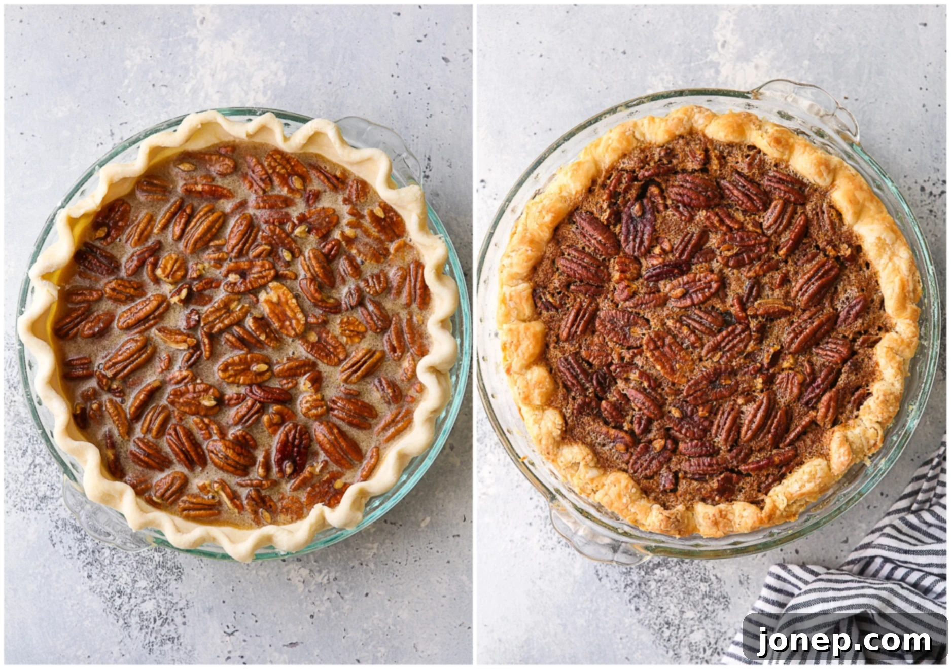 pecan pie, before and after baking