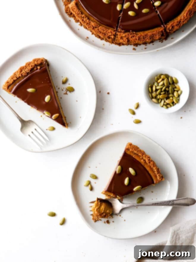 taking a forkful of chocolate pumpkin tart slices