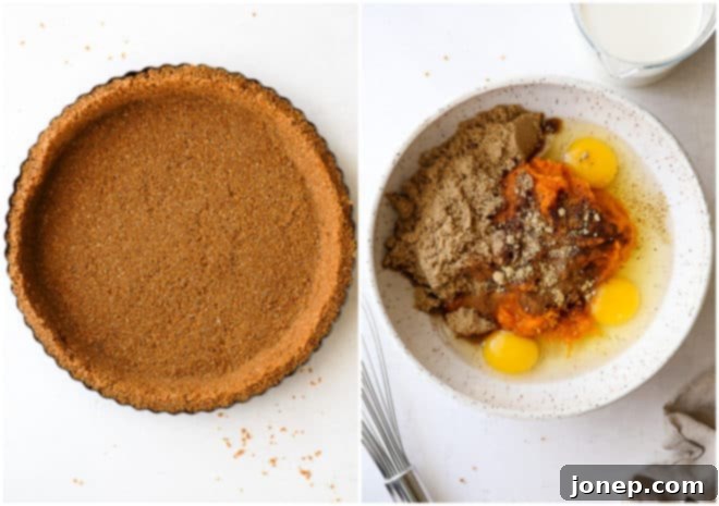 gingersnap crust, and mixing pumpkin tart filling