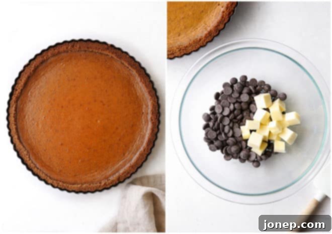 baked pumpkin tart, ganache ingredients in bowl
