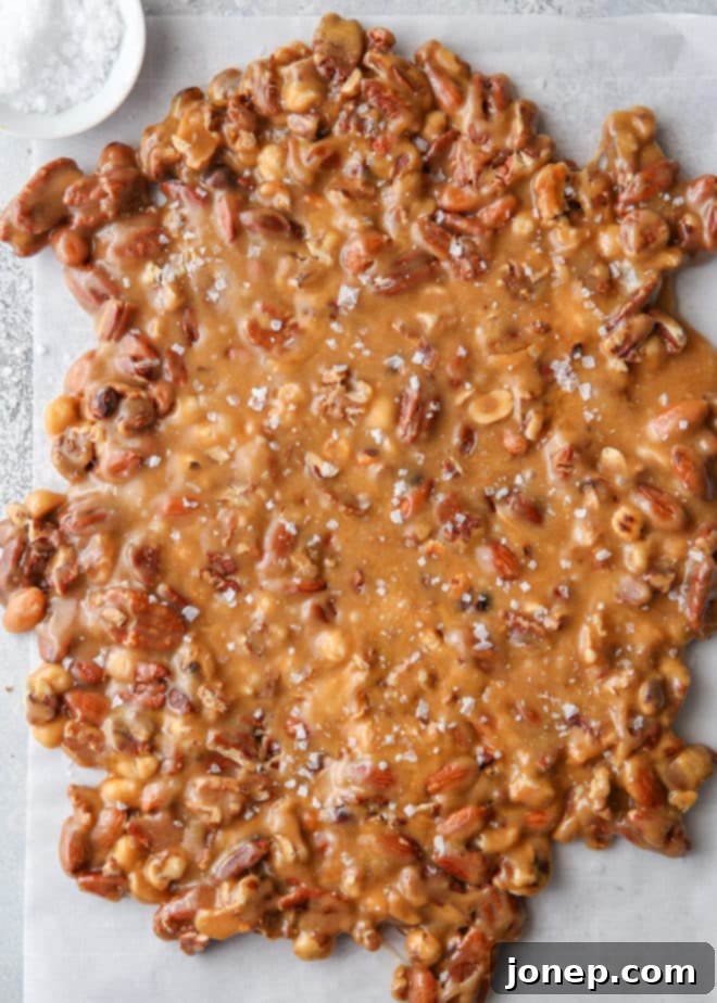 Close-up of golden salted caramel nut brittle, showcasing nuts and salt