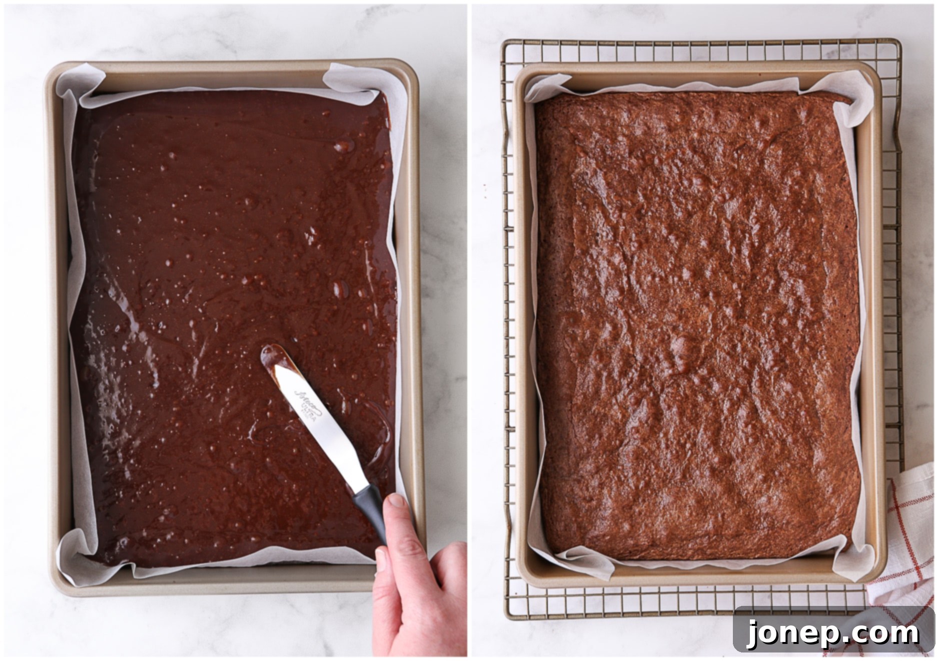 Freshly baked brownie in a baking pan, golden and slightly puffed