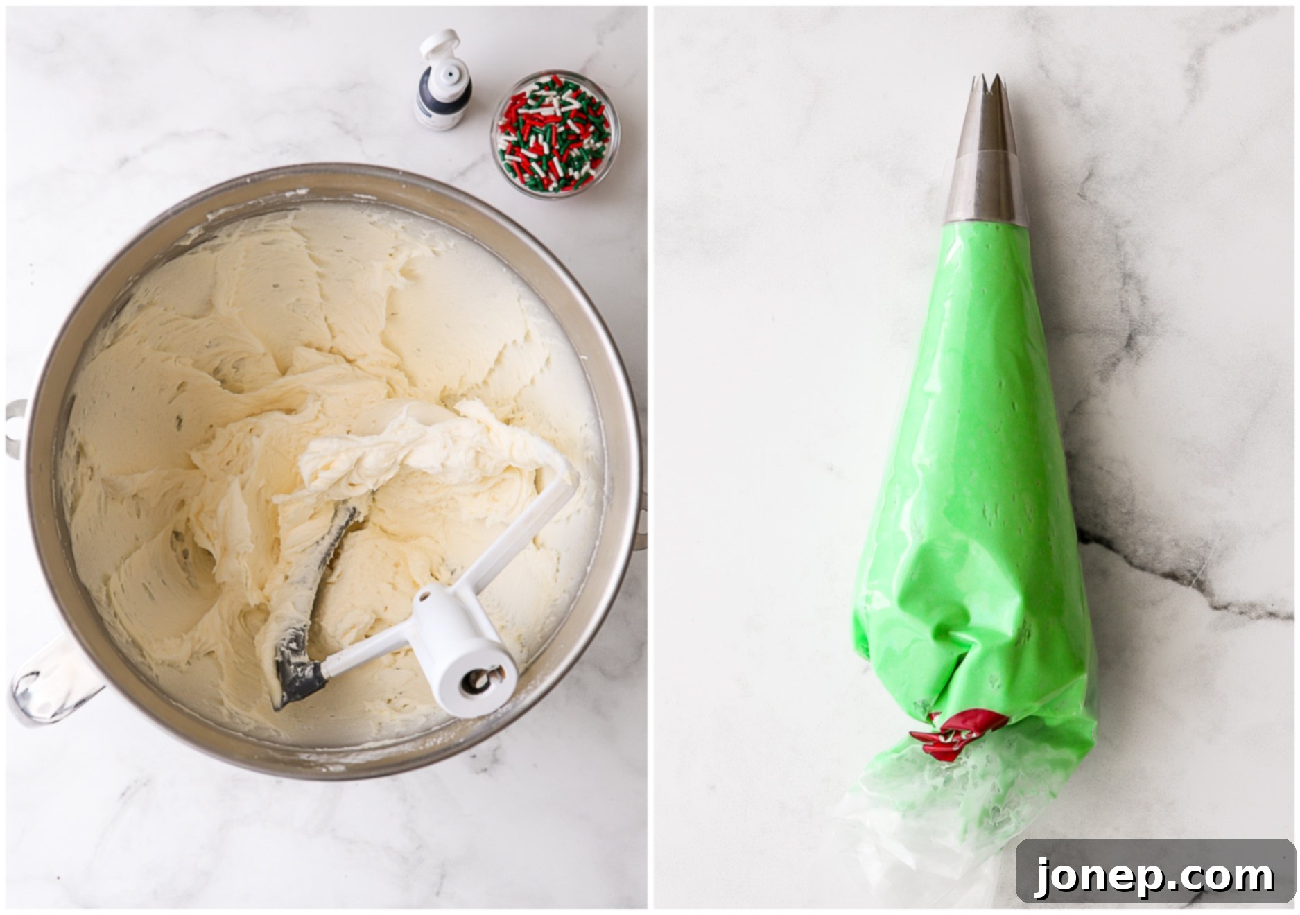 Close-up of a hand piping green frosting onto a brownie triangle and adding sprinkles