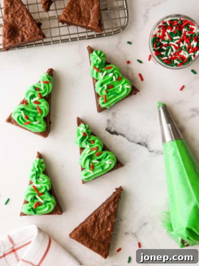 Fudgy Frosted Brownie Shapes 9 Diagram showing how to cut a rectangular brownie into triangular Christmas tree shapes