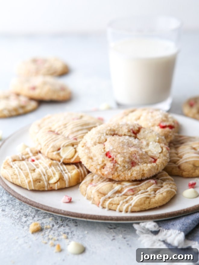 peppermint white chocolate chip cookies on a plate with glass or milk