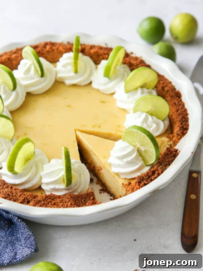 The Zesty Heart of the Florida Keys 24 A perfectly sliced Key Lime Pie, showcasing its vibrant lime green filling and golden-brown graham cracker crust, still in the pie pan.