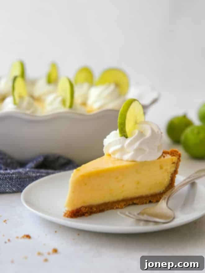 The Zesty Heart of the Florida Keys 3 A single slice of Key Lime Pie served on a white plate with a fork, garnished with fresh lime slices, highlighting its creamy texture.