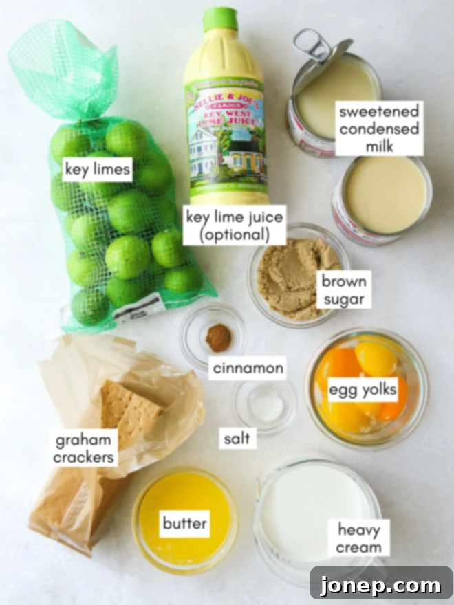 The Zesty Heart of the Florida Keys 4 Close-up of Key Lime Pie ingredients laid out on a table, including graham crackers, condensed milk, limes, and eggs, ready for preparation.