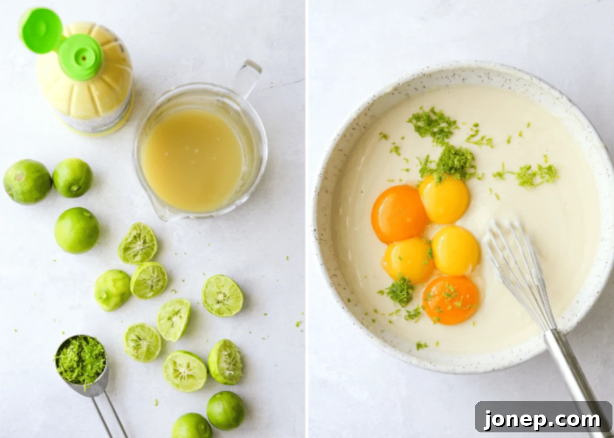 Hands juicing fresh Key limes directly into a bowl of Key Lime Pie filling, showcasing the preparation process.