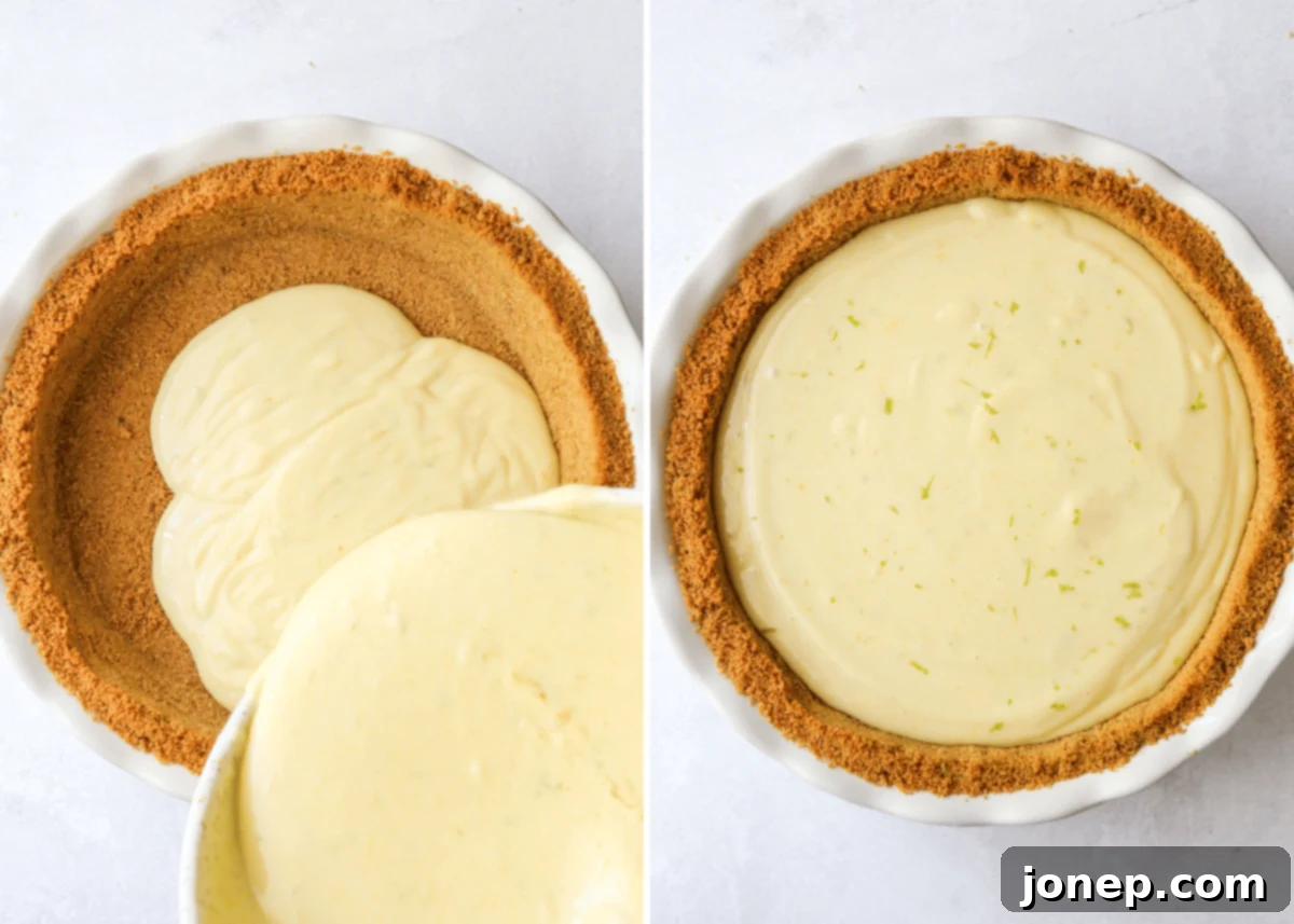 Pouring the vibrant green Key Lime Pie filling into the golden-brown pre-baked graham cracker crust, a key step in pie assembly.