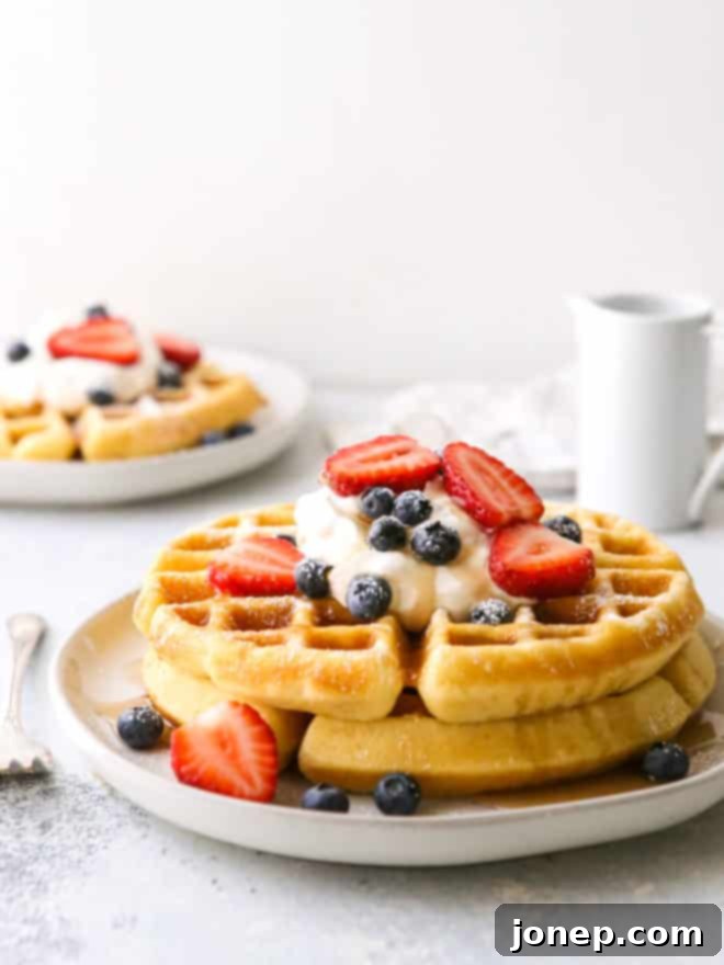 A beautiful stack of golden brown buttermilk waffles on plates, generously topped with fresh whipped cream, an assortment of bright berries, and a drizzle of rich maple syrup, ready to be enjoyed for breakfast.
