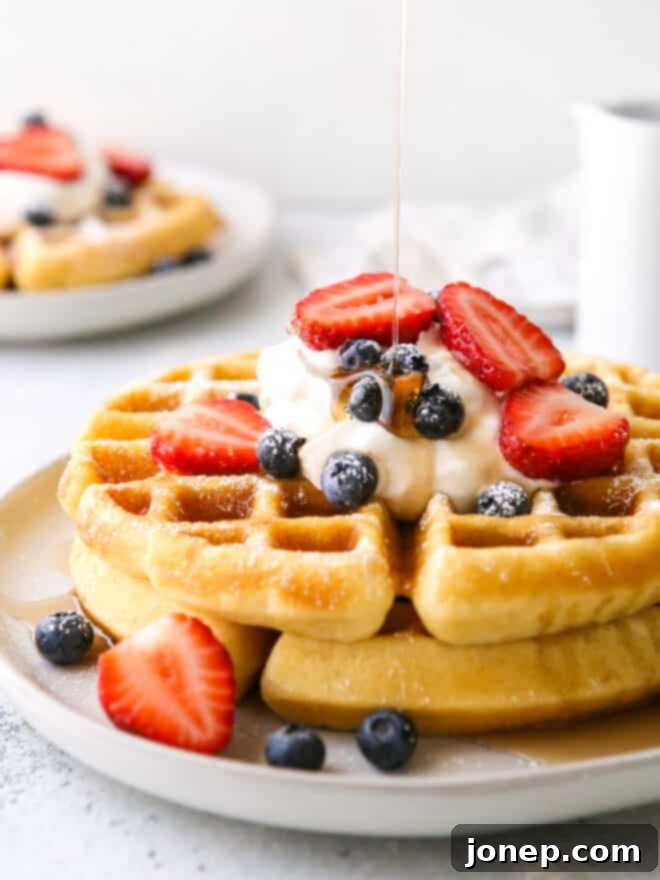 A close-up shot of a stack of freshly made buttermilk waffles, lightly drizzled with golden maple syrup, highlighting their inviting texture and crisp edges, ready for a delicious breakfast.