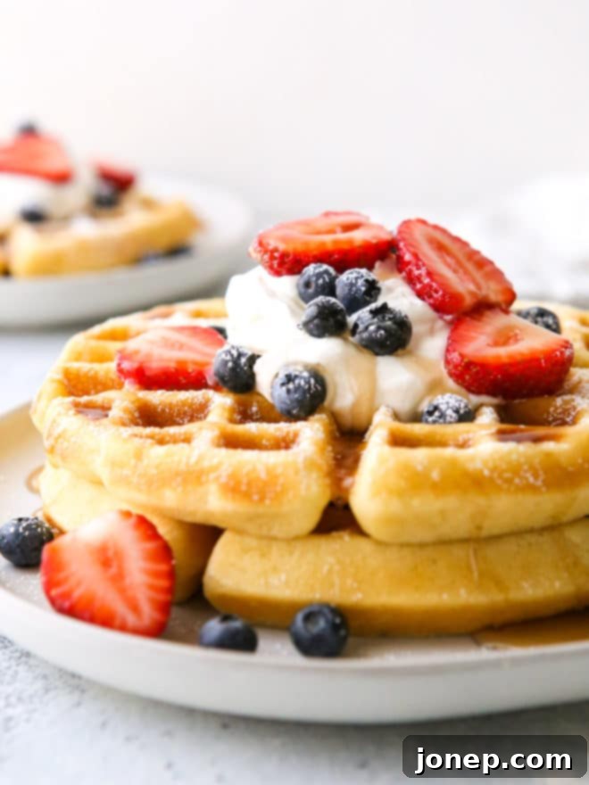 A close-up and appetizing shot of a high stack of perfectly cooked buttermilk waffles, generously garnished with fluffy whipped cream, a colorful array of fresh mixed berries, and a luxurious drizzle of maple syrup, inviting a delicious and indulgent breakfast.