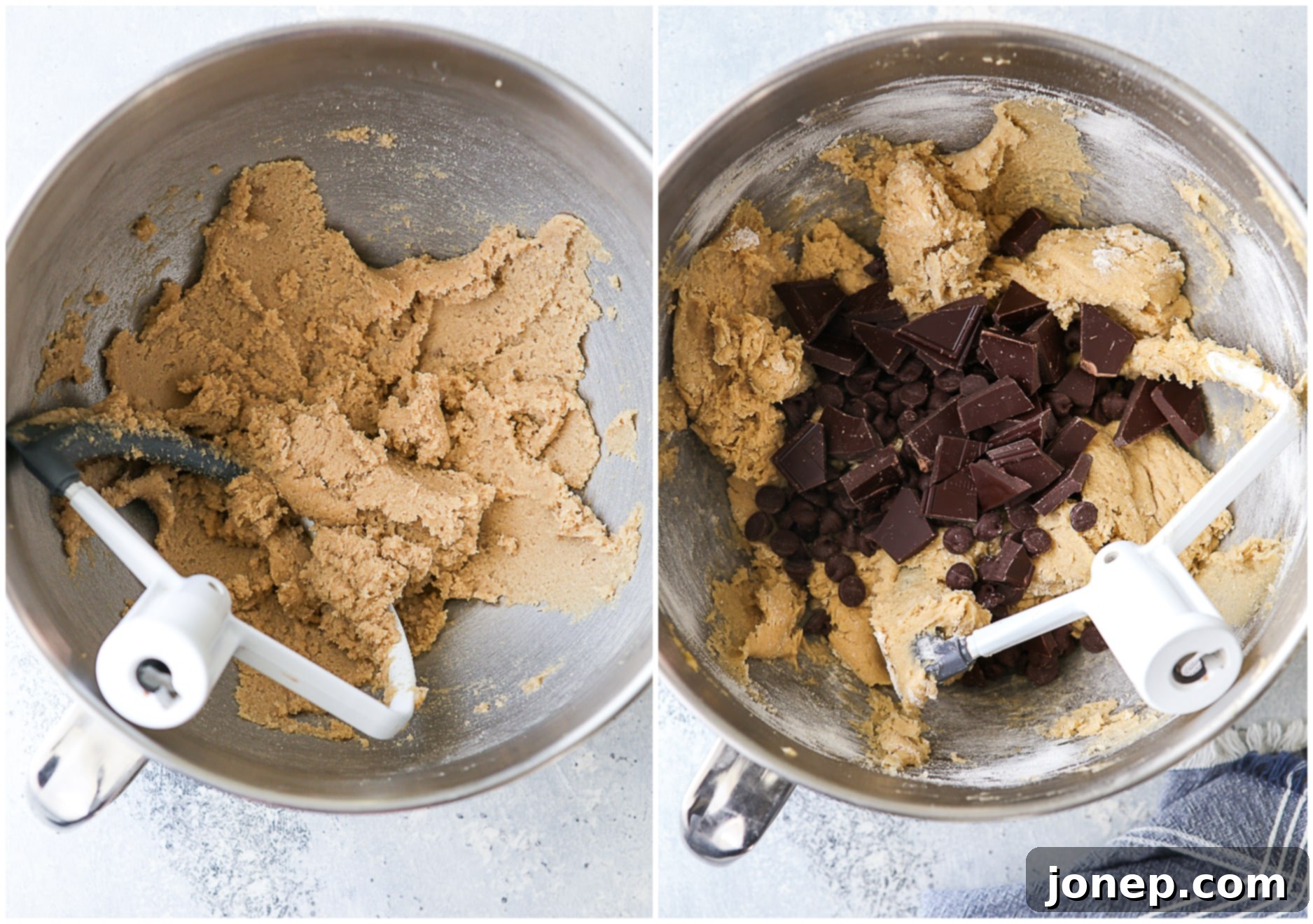 making chocolate chip cookie dough by creaming butter and sugar