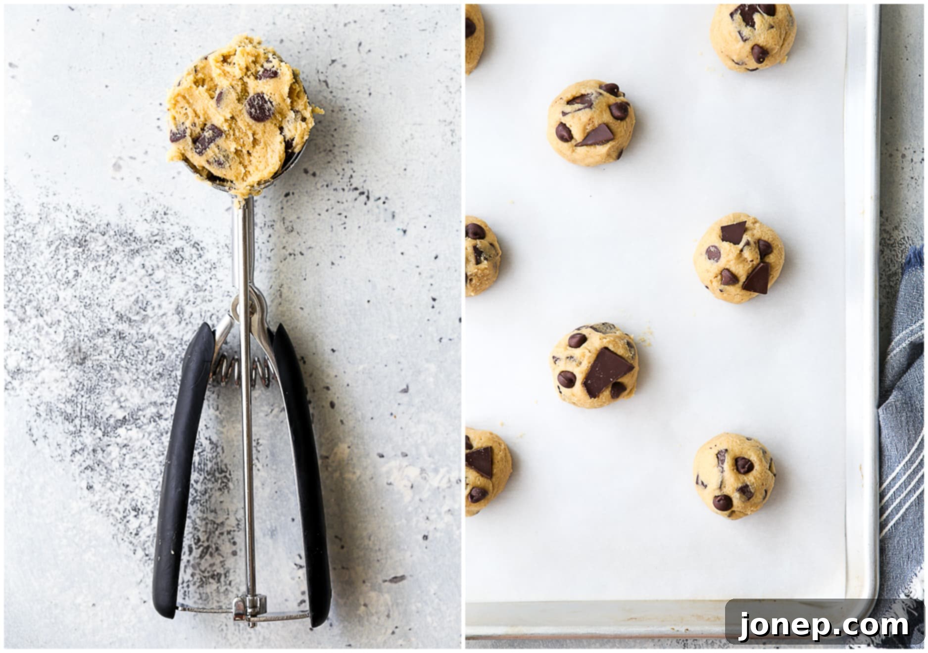 scooping chocolate chip cookie dough onto a parchment-lined baking sheet