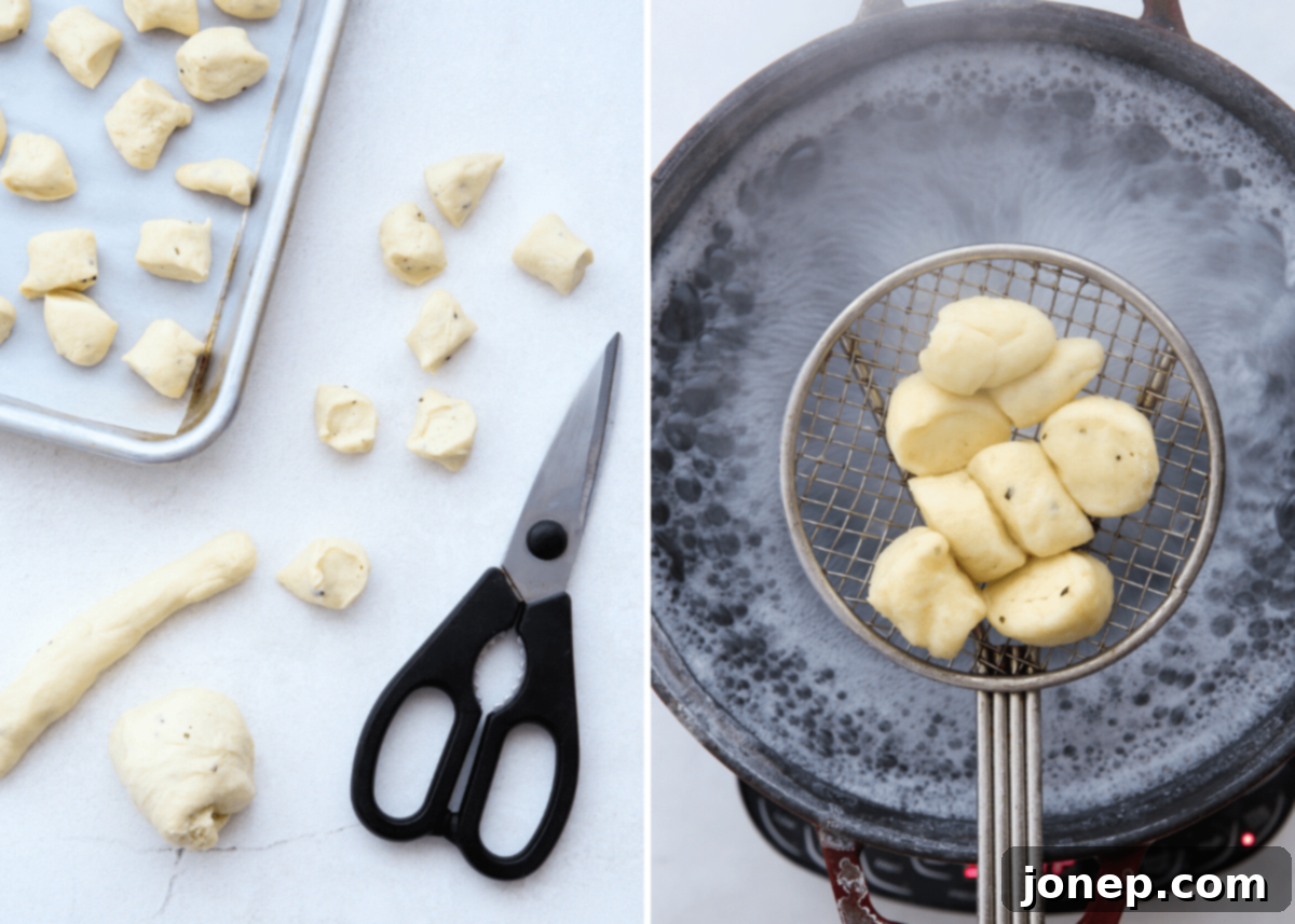 Steps of cutting pretzel dough into bites and boiling them in a baking soda solution.