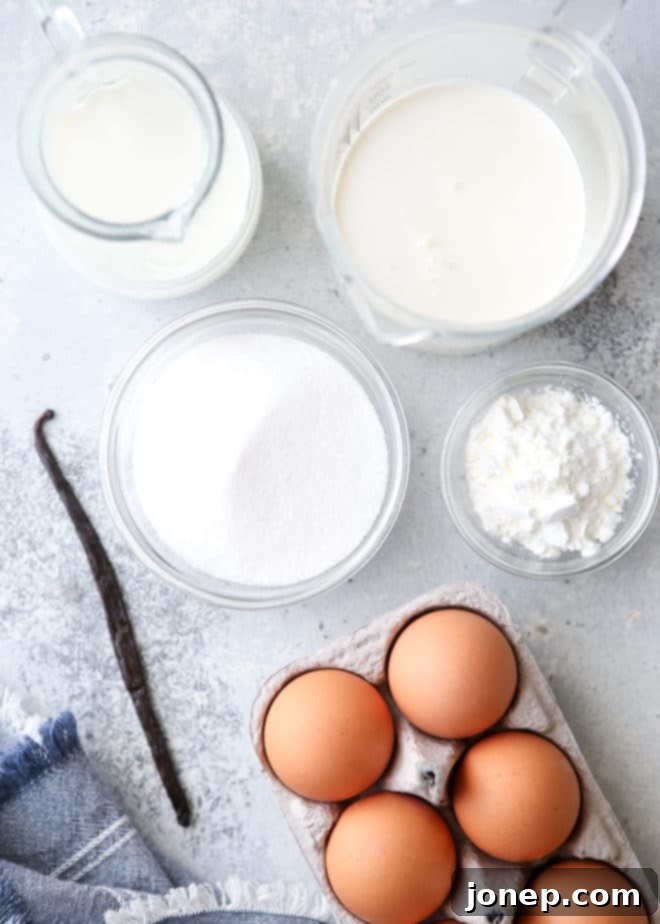 A close-up of the creamy, un-brûléed no-bake crème brûlée custard, ready for the sugar topping.