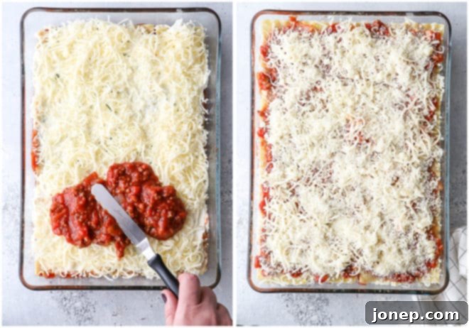 A perfectly sliced portion of classic meat lasagna on a plate, garnished with fresh basil. The layers of pasta, homemade meat sauce, ricotta, mozzarella, and parmesan cheese are clearly visible.