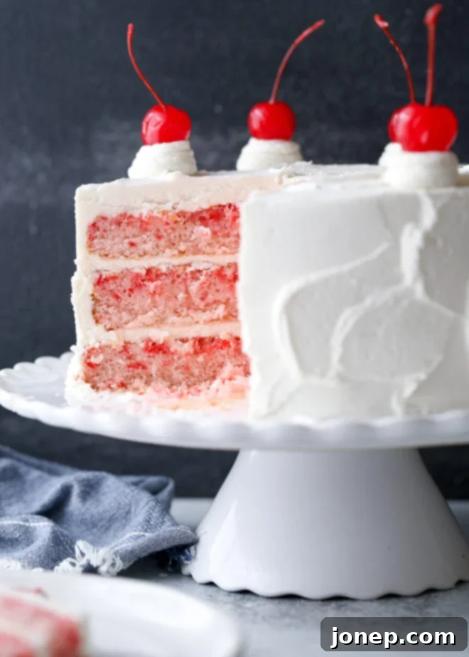 Cherry Chocolate Chip Cake 2 This homemade cherry chip cake, beautifully smothered in a fluffy whipped vanilla buttercream, is a delightful from-scratch version of a popular boxed cake mix. It’s also the perfect celebration cake for any occasion!