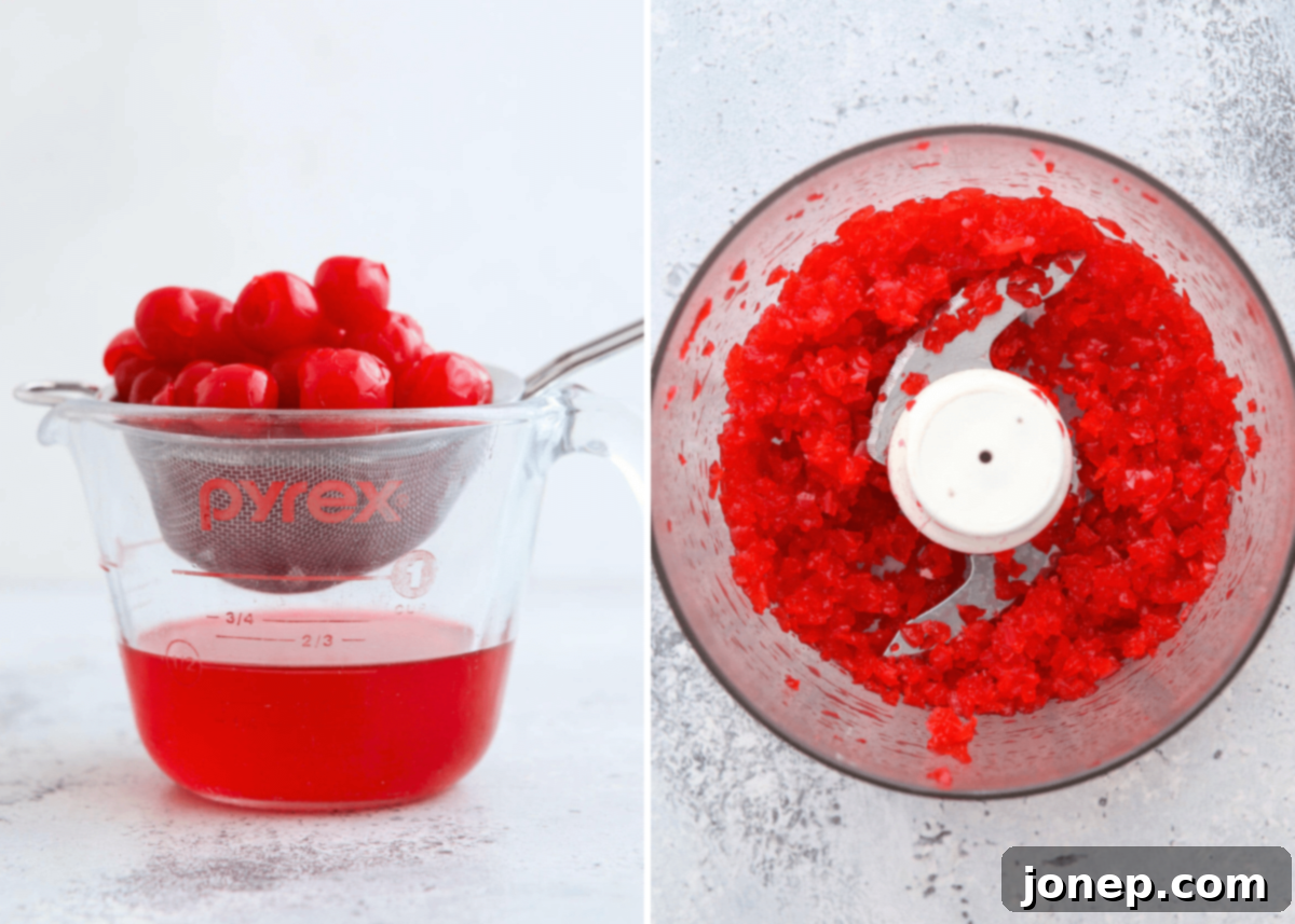 Two images: one showing maraschino cherries being drained, and another showing them being finely chopped in a food processor for a cherry chip cake.