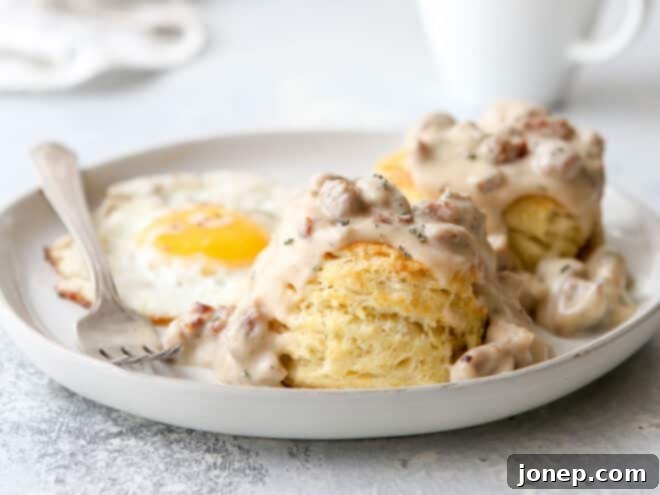 a plate of biscuits and gravy with fried egg in background