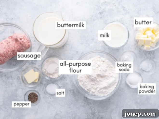 biscuits and gravy Ingredients measured out with labels