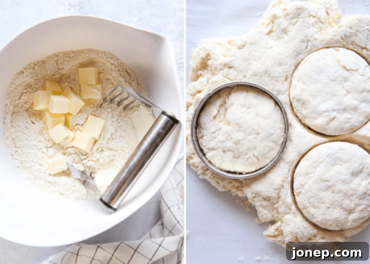 mixing biscuit dough and cutting into rounds