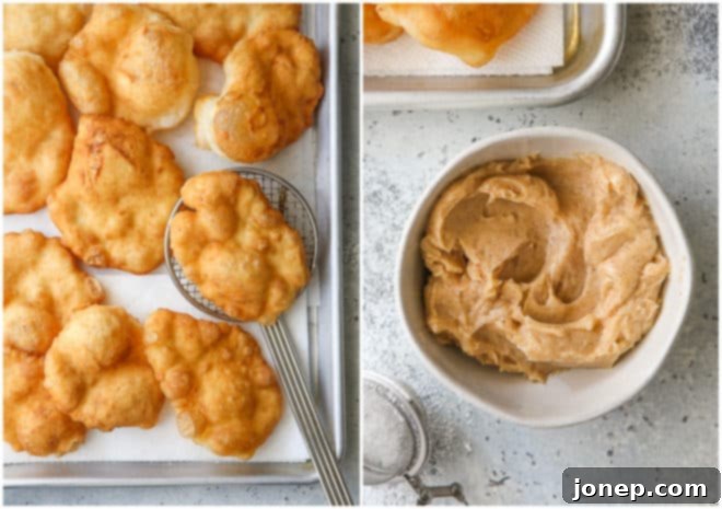 Golden Honey Cinnamon Fry Bread 6 finished fried bread and cinnamon honey butter in a bowl