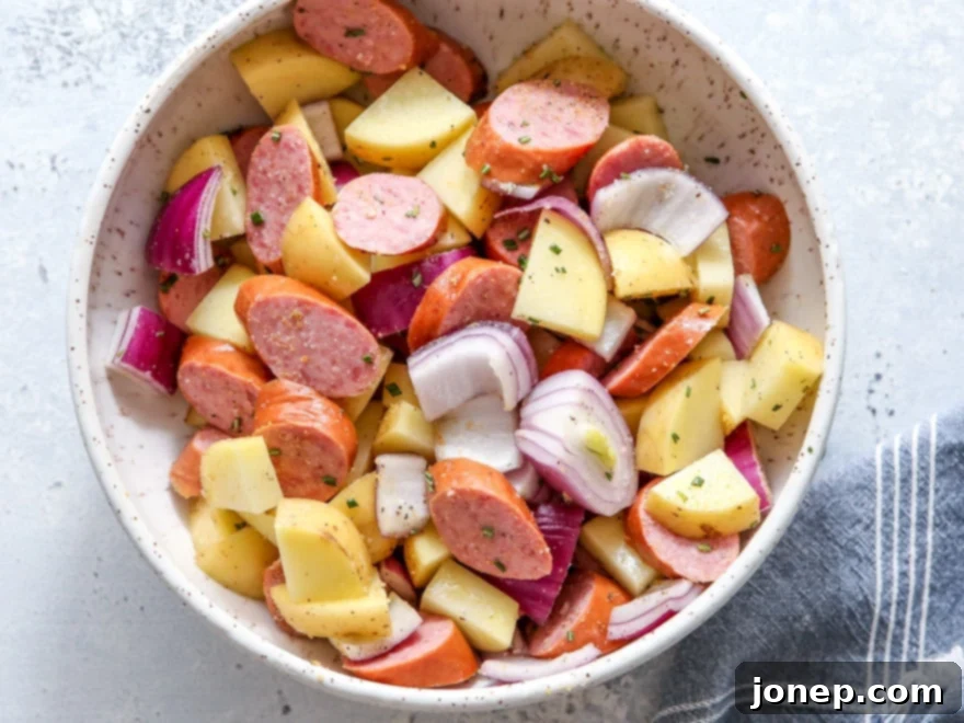 7 ingredients needed for this sheet pan sausage and potatoes