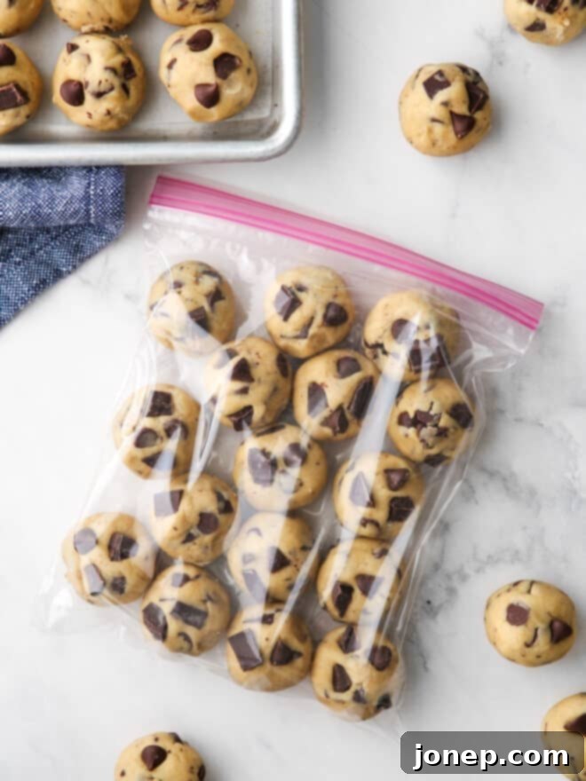Rounds of chocolate chip cookie dough neatly arranged in a ziplock bag, with a few individual portions on the side, demonstrating convenient freezer storage for future baking.