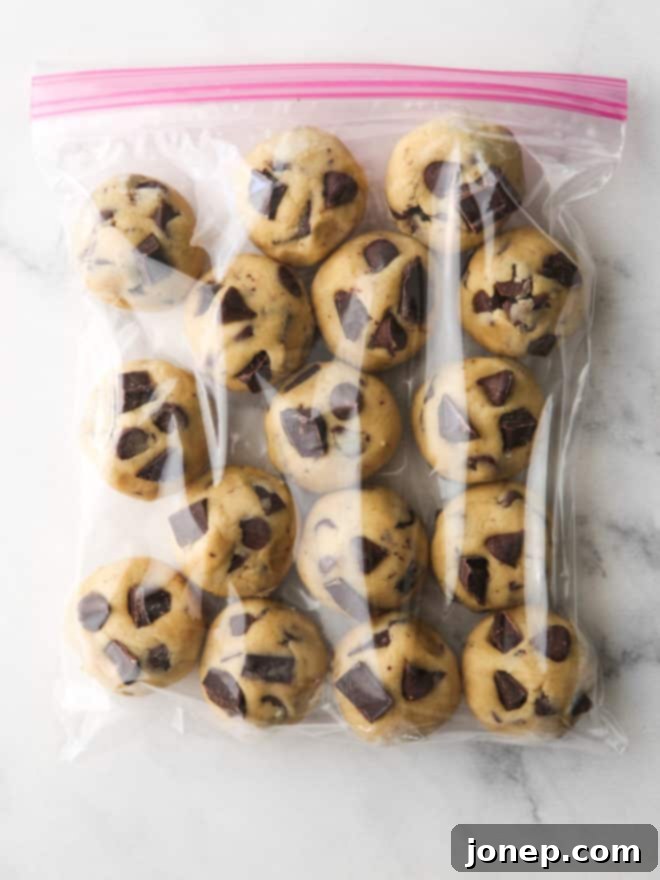 A clear ziplock bag brimming with neatly portioned, individually frozen rounds of chocolate chip cookie dough, clearly labeled and ready for long-term storage or immediate baking.